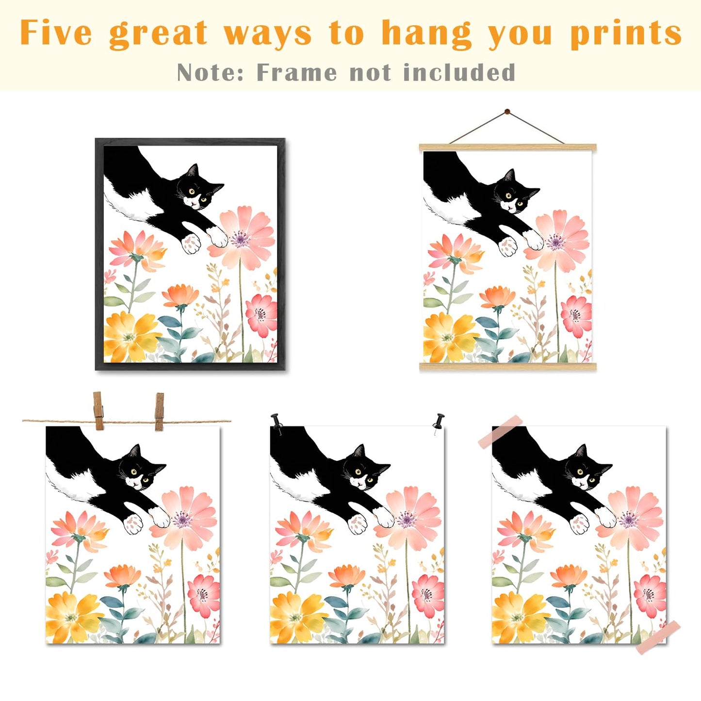 JINYO Wildflower Black and White Cat Wall Art Prints Set of 4, Black Cat Room Home Decor, Funny Cute Tuxedo Kitty Kitten Floral Botanical Posters Pictures Wall Decor, 8x10 Unframed