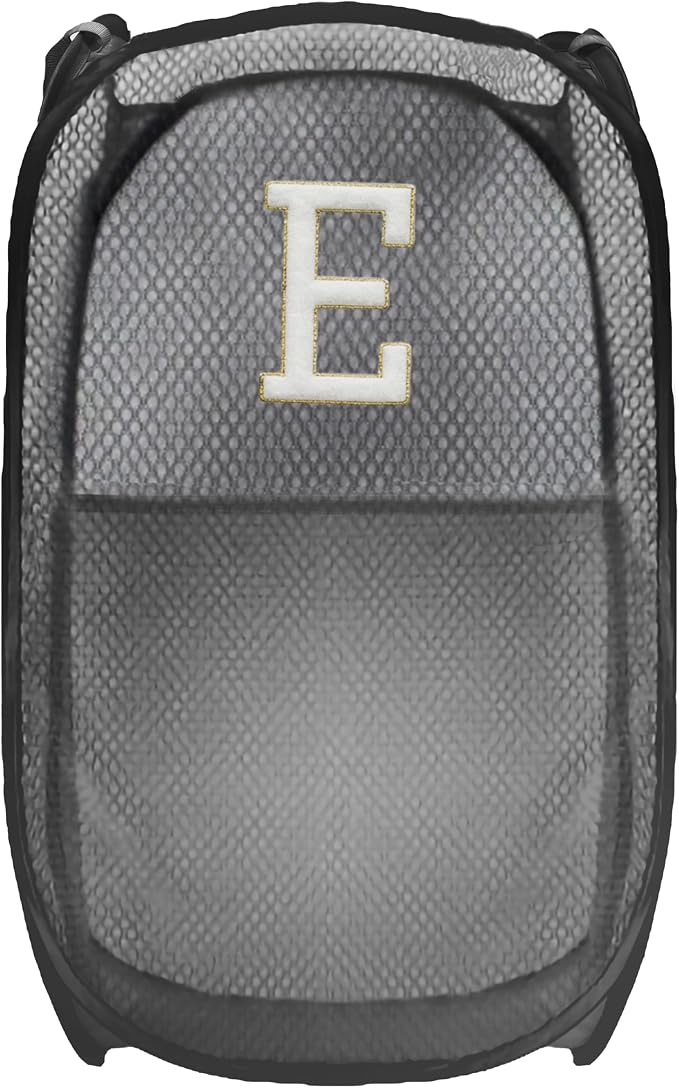 Collapsible Pop Up Laundry Hamper, Extra Large with Removable Initial Letter E, Mesh Foldable Laundry Basket, 28" x 16" x 16" (Black)