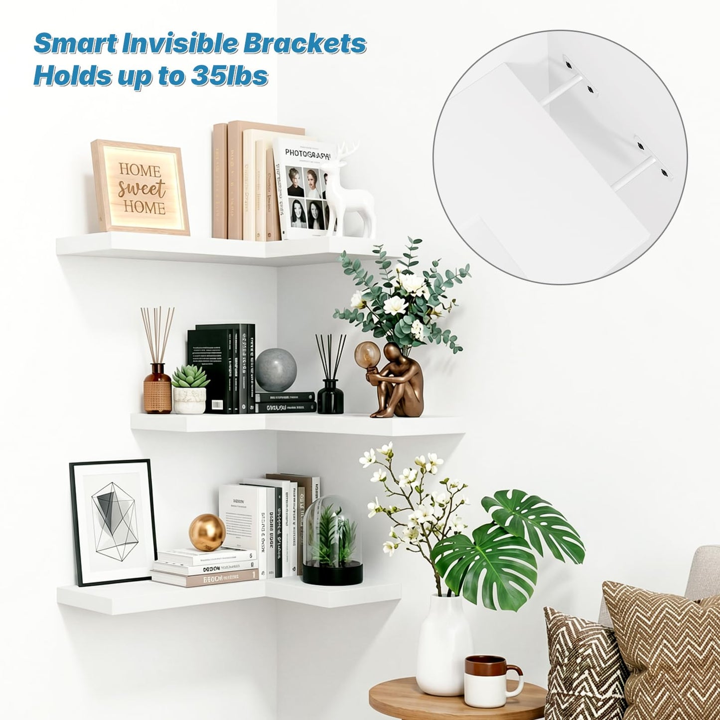 NATURE'S SOURCE Floating Corner Shelves with Invisible Brackets Set of 3, Corner Shelves Wall Mounted, for Home Bedroom Bathroom Kitchen Living Room Office- 16.1" x 11.5" (Pure White)