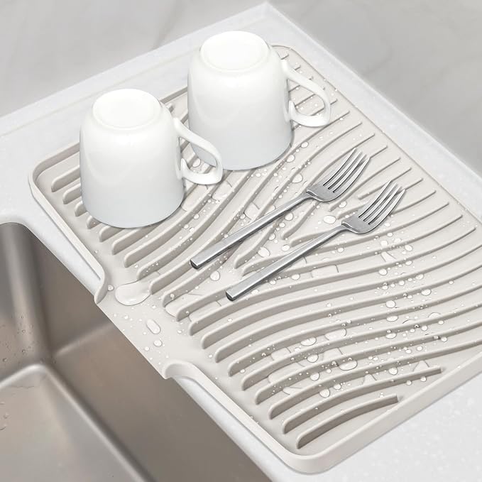 TIKNIK Silicone Dish Drying Mat for Kitchen Counter - Heat Resistant & Non-Slip Dish Drain Pad with Built-In Drain, Dishwasher Safe, Quick-Dry, Hangable & Roll-Up for Storage, Cream-1pcs, 20" x 15"