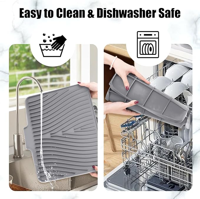 TIKNIK Silicone Dish Drying Mat for Kitchen Counter - Heat Resistant & Non-Slip Dish Drain Pad with Built-In Drain, Dishwasher Safe, Quick-Dry, Hangable & Roll-Up for Storage, Grey-1pcs, 16" x 12"