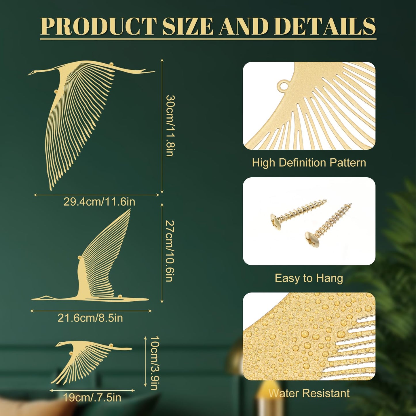 Pelopy 3 Pcs Gold Flying Birds Metal Minimalist Bird Art Wall Decor Rustic Modern Home Decor for Living Room Bedroom Yard Garden Gift for Mother's Day Housewarming