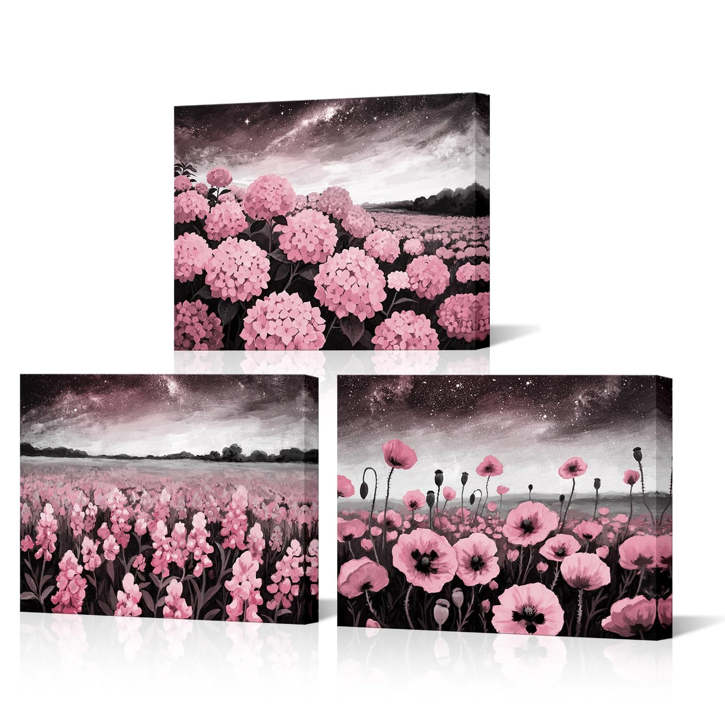 NutArtPic Flower Wall Art Hydrangea Pictures Poppy Paintings Bluebonnet Wildflower Artwork Prints for Home Decor 12''x16''x3pcs (pink)