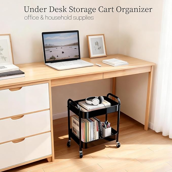 2 Tier Metal Rolling Utility Cart with Wheels Under Desk Storage Cart with Handle, Roll Around Organizer Trolley for Small Space Pantry Bathroom Home Kitchen Office Snack Baby Supplies, Black
