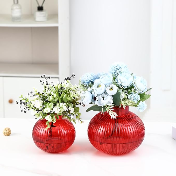 Red Glass Vases for Tulips, Set of 2, Flower Vases for Bouquet, Ribbed Glass Vase for Flowers, Short Vase for Living Room, Office, Coffee Table, Shelf, Wedding