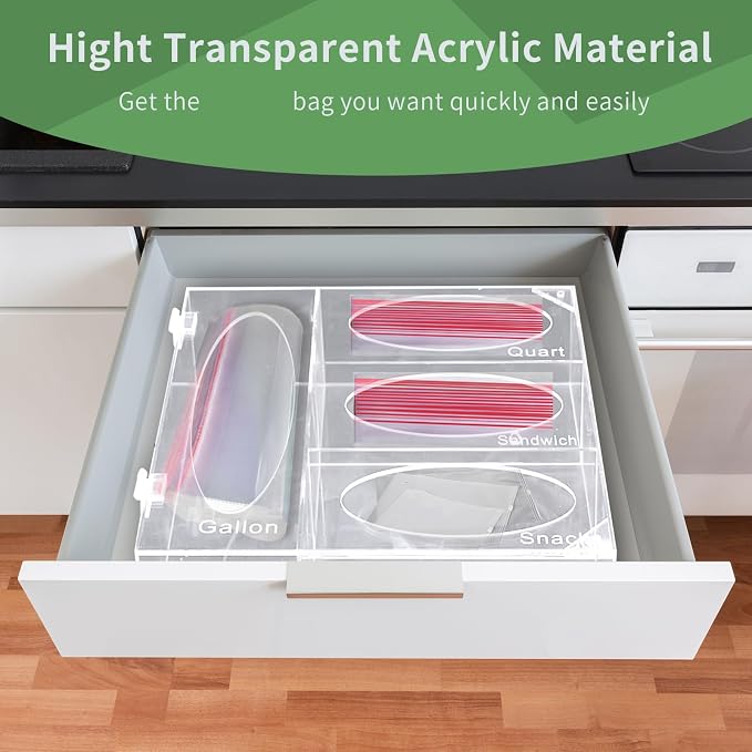 Acrylic Food Bag Storage Organizer, Acrylic Kitchen Drawer Bag Box Holder For Gallon Quart Sandwich And Snack, Compatible With Variety Size Bags Dispenser