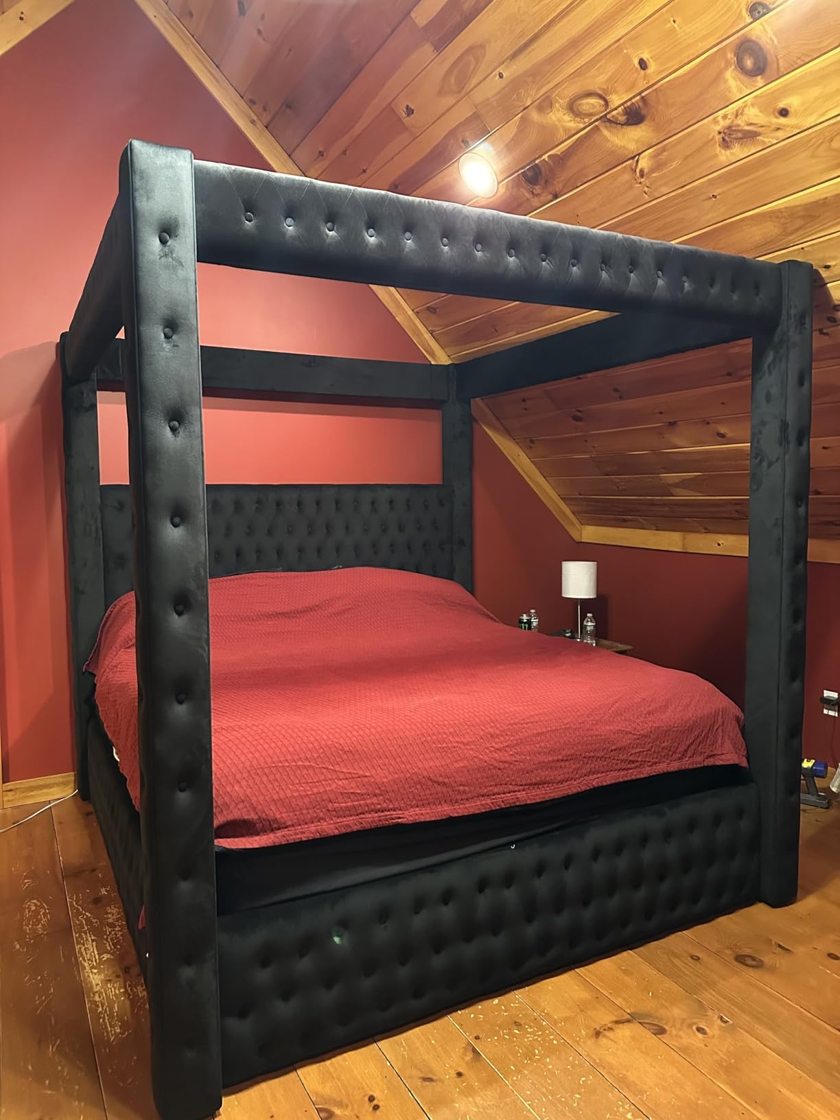 Wirktive Velvet Canopy Bed Frame King - Upholstered Four Poster Bed Frame with Tufted Headboard and Footboard, Luxury Bed Frame with Wood Slats for Bedroom Furniture, Box Spring Required, Black