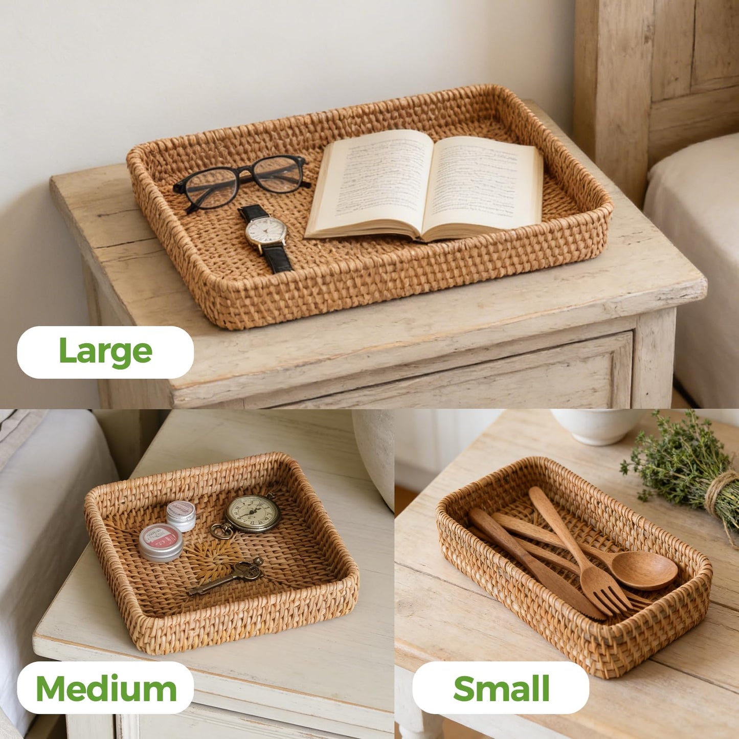 Rattan Serving Tray, Rectangle Basket Set of 3, Wicker Storage and Organizing Baskets, Natural Decorative Woven Tray for Home Decor, Bathroom, Kitchen Counter