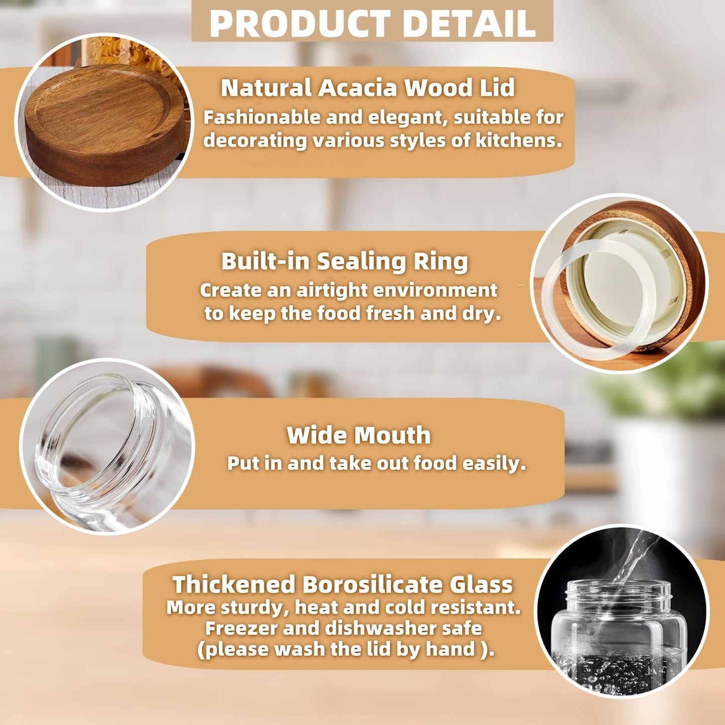 28 Fl oz/850 ml Glass Food Storage Jar, Premium Clear Glass Container Jar with Airtight Screw-on Wooden Lid, Kitchen Canisters for Coffee,Tea,Pasta,Cookies, Nuts,Spice,Candy,Overnight Oatmeal（Medium）