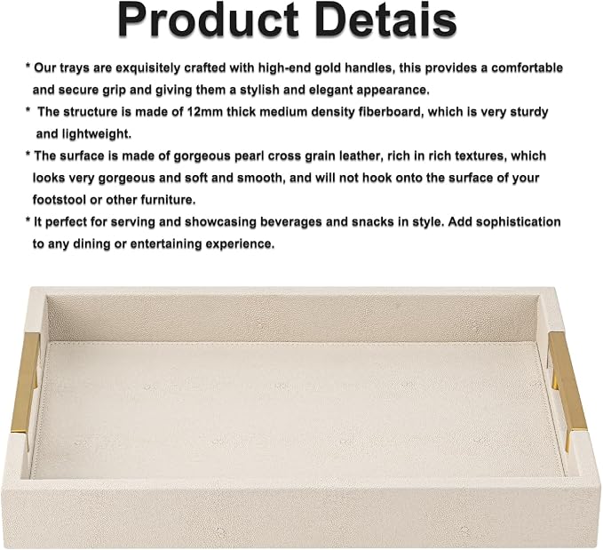 Beige Faux Leather Serving Tray with Handles – Large Decorative Tray for Coffee Table, Ottoman, Living Room, Bathroom – Home Decor