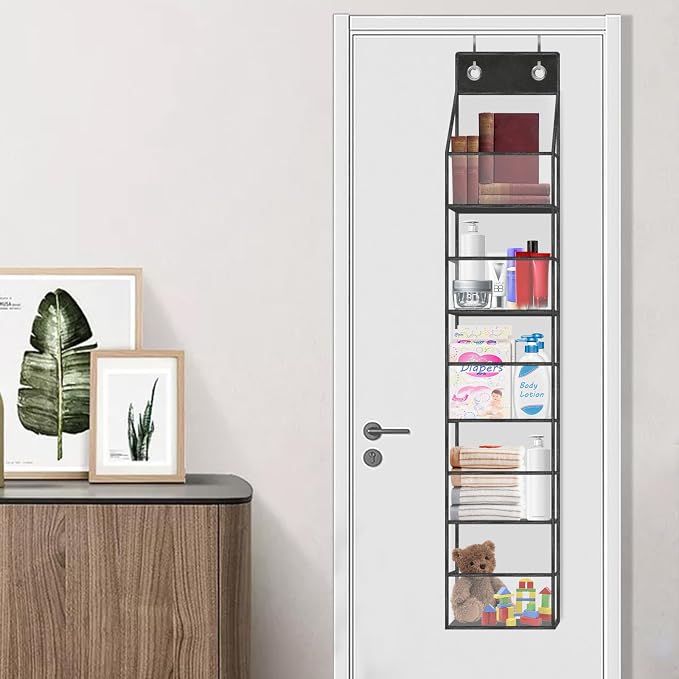 5-Shelf Over The Door Pantry Organizer with Clear Pockets, Heavy Duty Hanging Storage for Closet, Bedroom, Bathroom, and Nursery (Black, Holds up to 28 lbs)