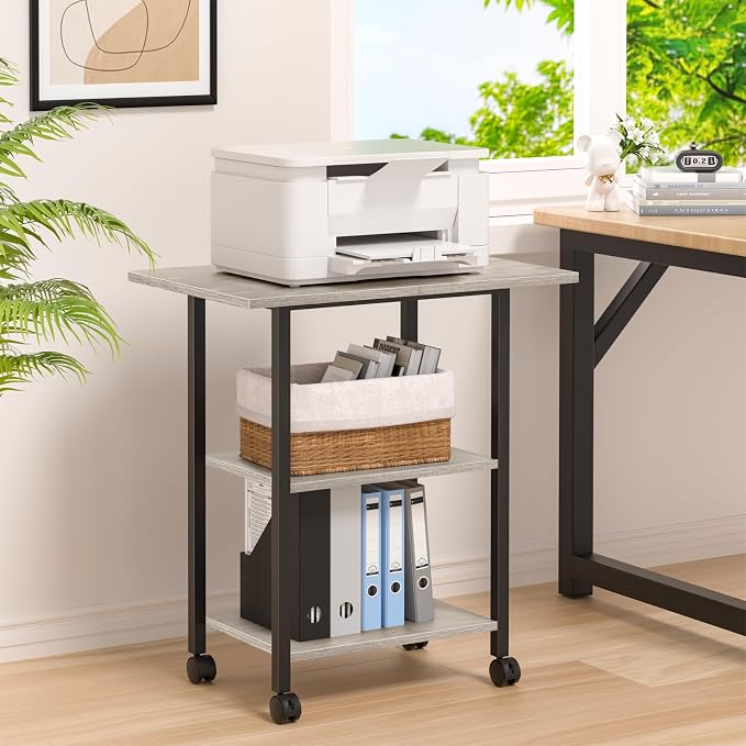 Lerliuo 3-Tier Printer Stand, Industrial Mobile Printer Table with Storage Shelf and Steel Frame, Rolling Printer Cart Holder with Lockable Wheels for Home, Office (Oak)