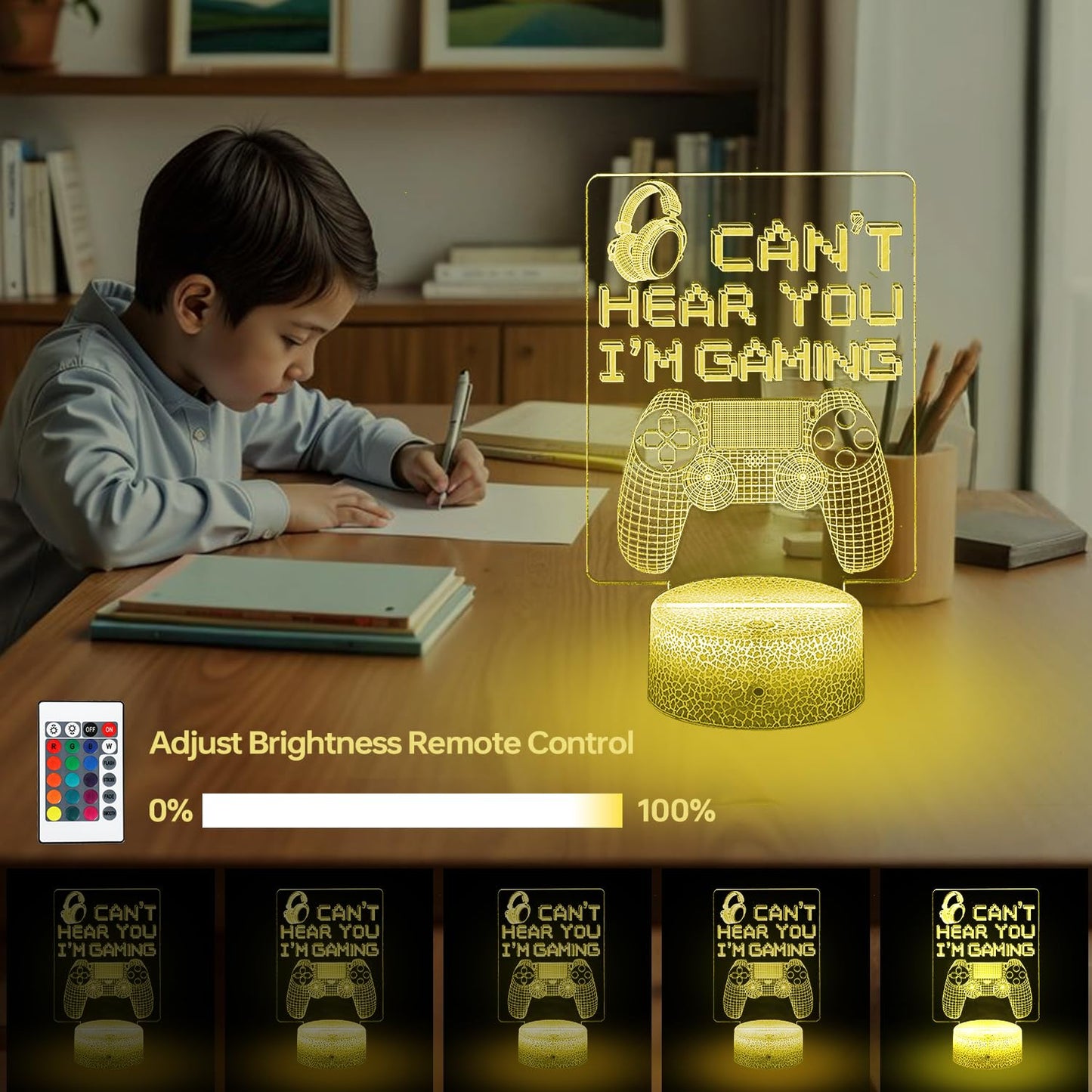 JYDZMYYM 3D LED Gaming Night Light with Remote, Can't Hear You I'm Gaming Controller Design, 16 Color Changing, USB and Battery Powered