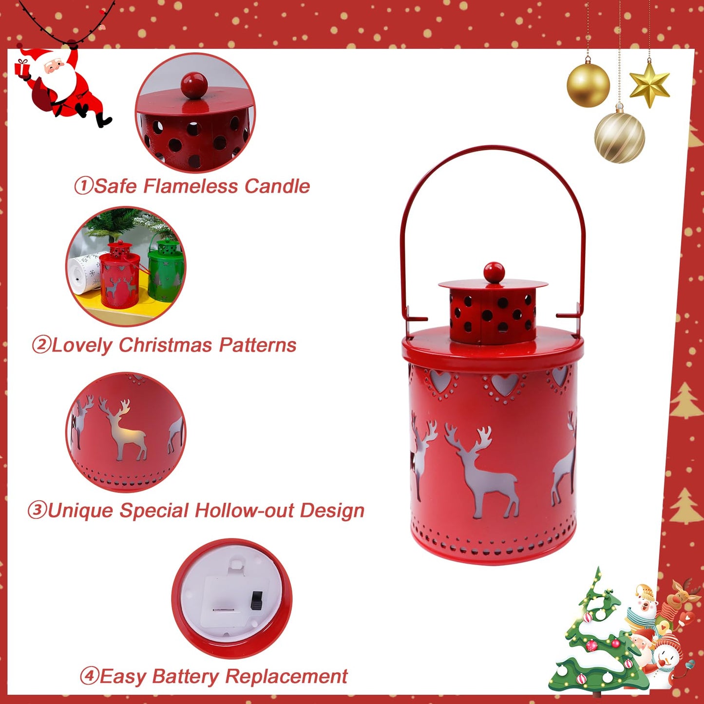 YBB 3 Pack Christmas Decorative Lantern Lights, Flameless Battery Operated Hanging Metal LED Candles Lanterns for Christmas Centerpiece Table Indoor Outdoor Party Decoration