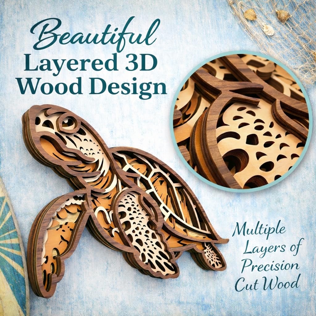 Fossil King Sea Turtle Wall Decor Large 15" – 3D Layered Wood Coastal Wall Art Beach House Ocean Decor