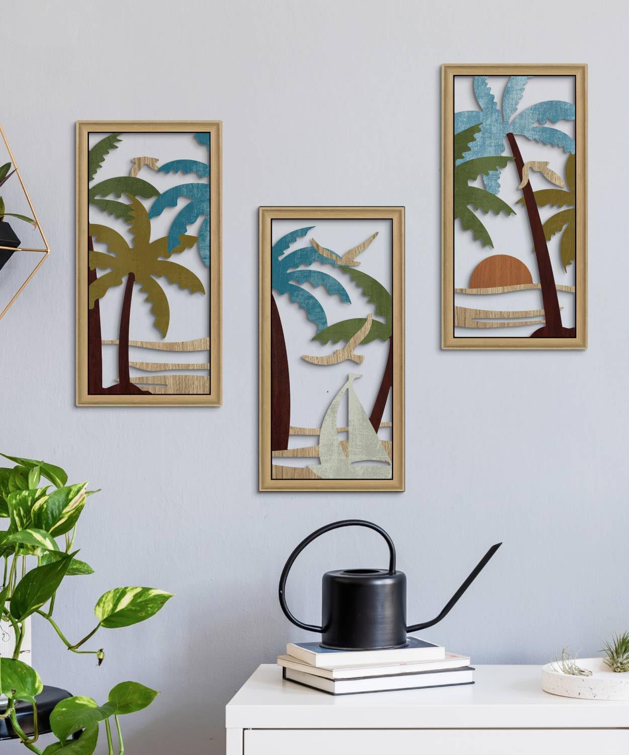 Putuo Decor Palm Tree Wall Decor Set of 3, Coastal Wall Decor, Boho Wall Art, Beach Themed Wooden Wall Plaque for Living Room Bedroom Bathroom