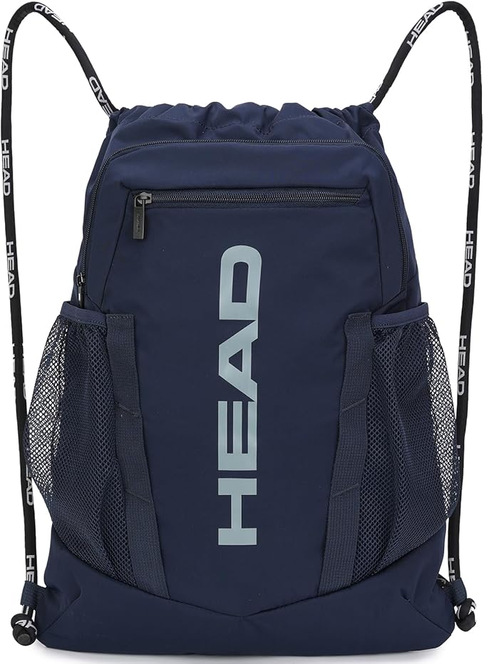 HEAD Waterproof Gym Sackpack for Sport with 2 Zipper Pockets, Large Drawstring Backpacks for Men with Side Pockets for Water Bottle (Blue)