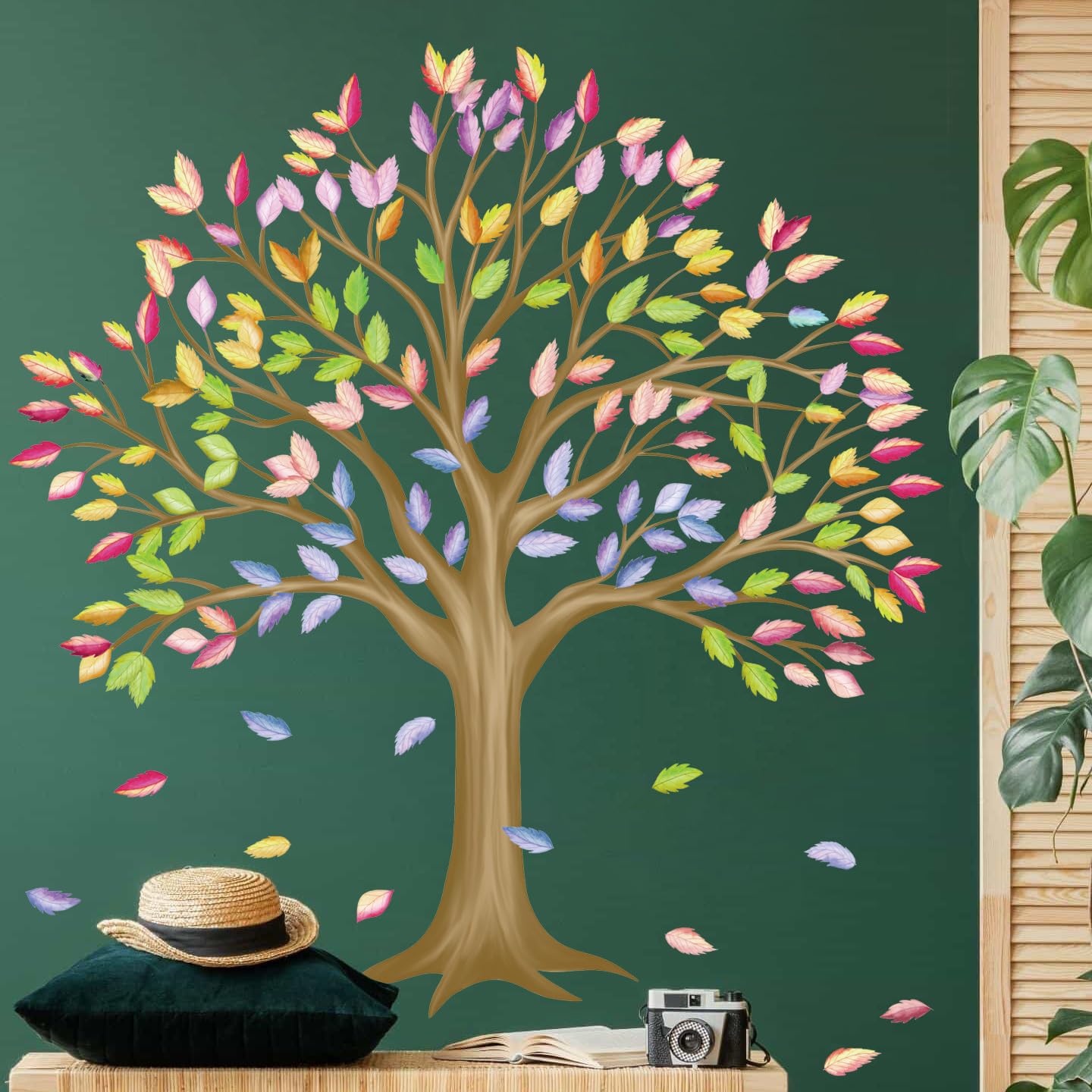 RAINBOW WSK Large Brown Tree Wall Decals Colorful Leaves Wall Stickers Peel and Stick Family Classroom Removable Vinyl Decals for Kids Room Nursery Living Room MUP1854