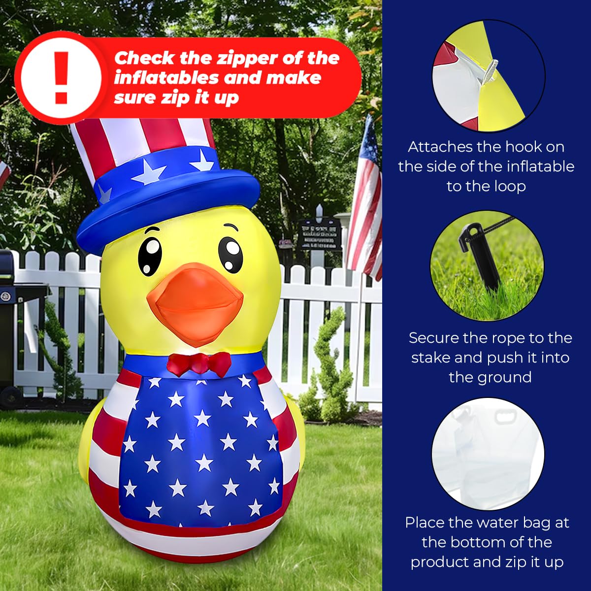 5FT Patriotic Independence Day 4th of July Inflatable Duck Decorations Outdoor Decor with Built-in LED Lights Blow Up Yard Decoration for Holiday Patriotic Party
