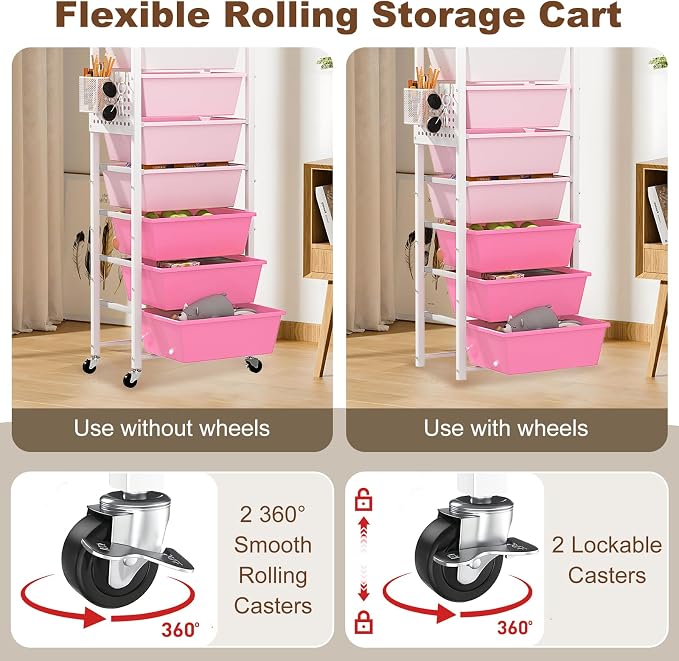 Rolling Cart with Drawers, Rolling Storage Cart with Large Plastic Drawers & Wooden Tabletop, Utility Cart with Pegboards & Basket, Storage Drawers Cart for Living Room, Classroom, Bedroom, Office