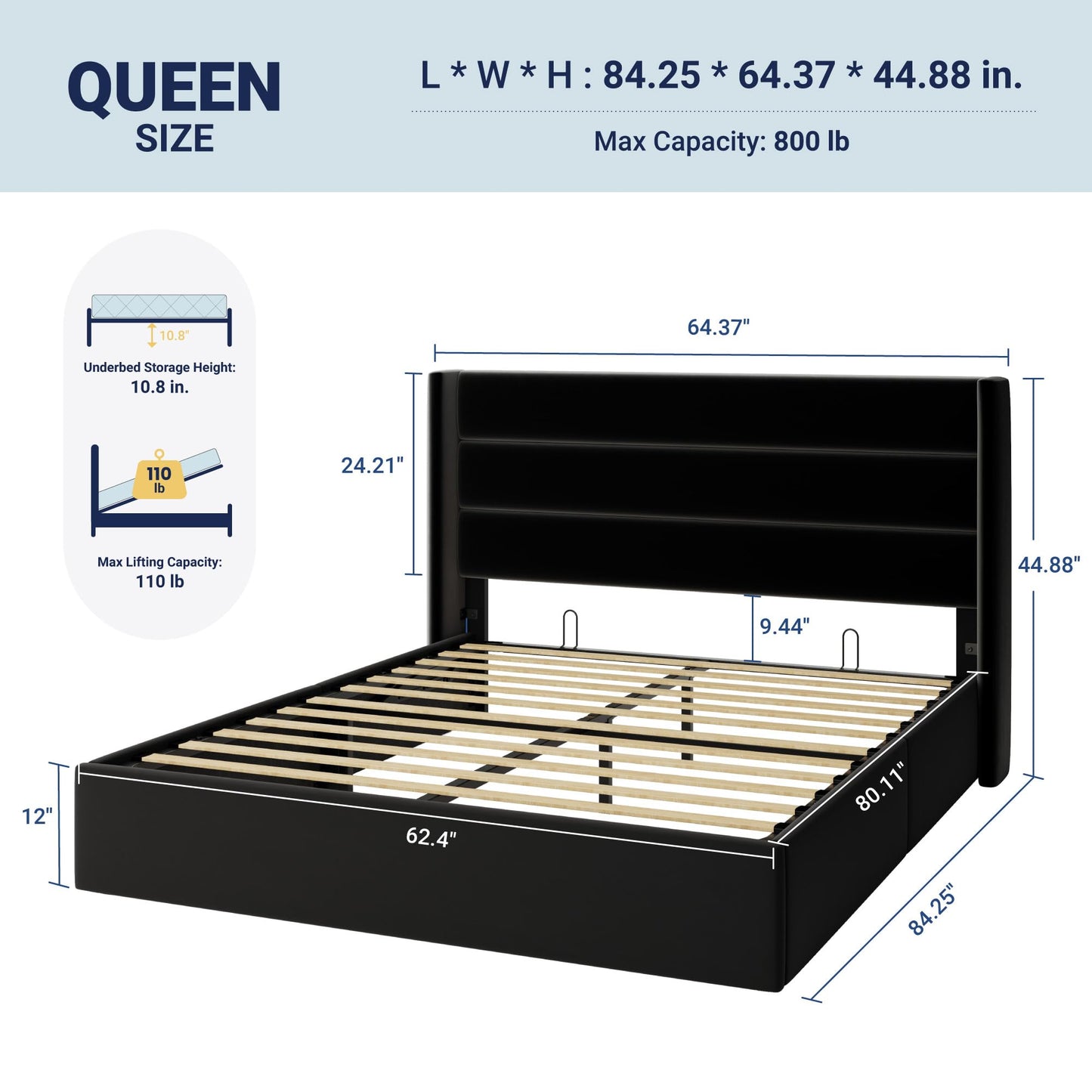 Allewie Queen Size Velvet Lift Up Storage Bed, Modern Wingback Headboard, Hydraulic Support, No Box Spring Needed, Black