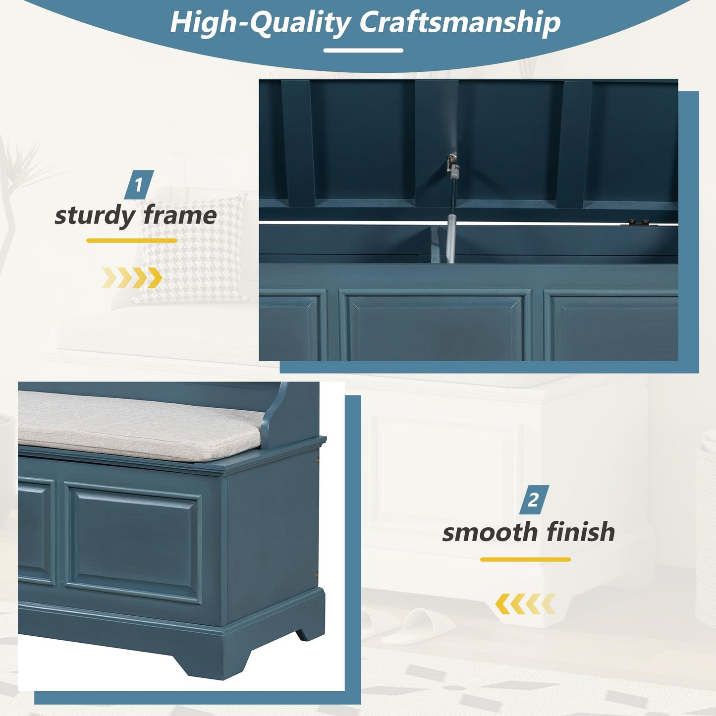 Knocbel Rustic Entry Storage Bench with Hidden Compartments and Removable Cushion, Wooden Entryway Hallway Foyer Shoe Bench Bedroom End of Bed Bench (Antique Navy and Beige)