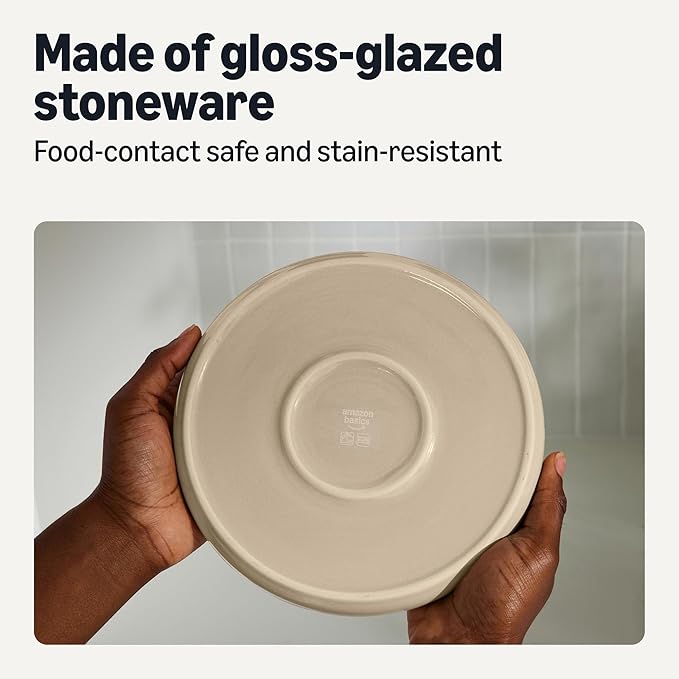 Amazon Basics Glazed Stoneware Dinnerware, 12-Piece Set, 4 Full Place Settings, Dishwasher-Safe, Microwave-Safe, Linen Gray