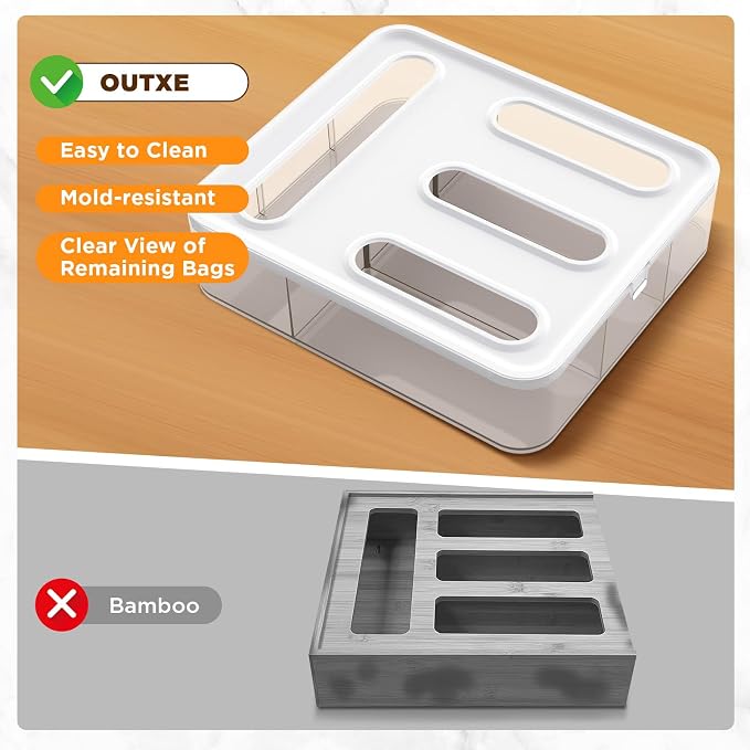 OUTXE Bag Organizer for Drawer + Fridge, Magnetic Kitchen Baggie Storage | Pantry Organization for Ziplock Plastic Food Bags | Compatible with Snack Sandwich Quart Gallon (White)