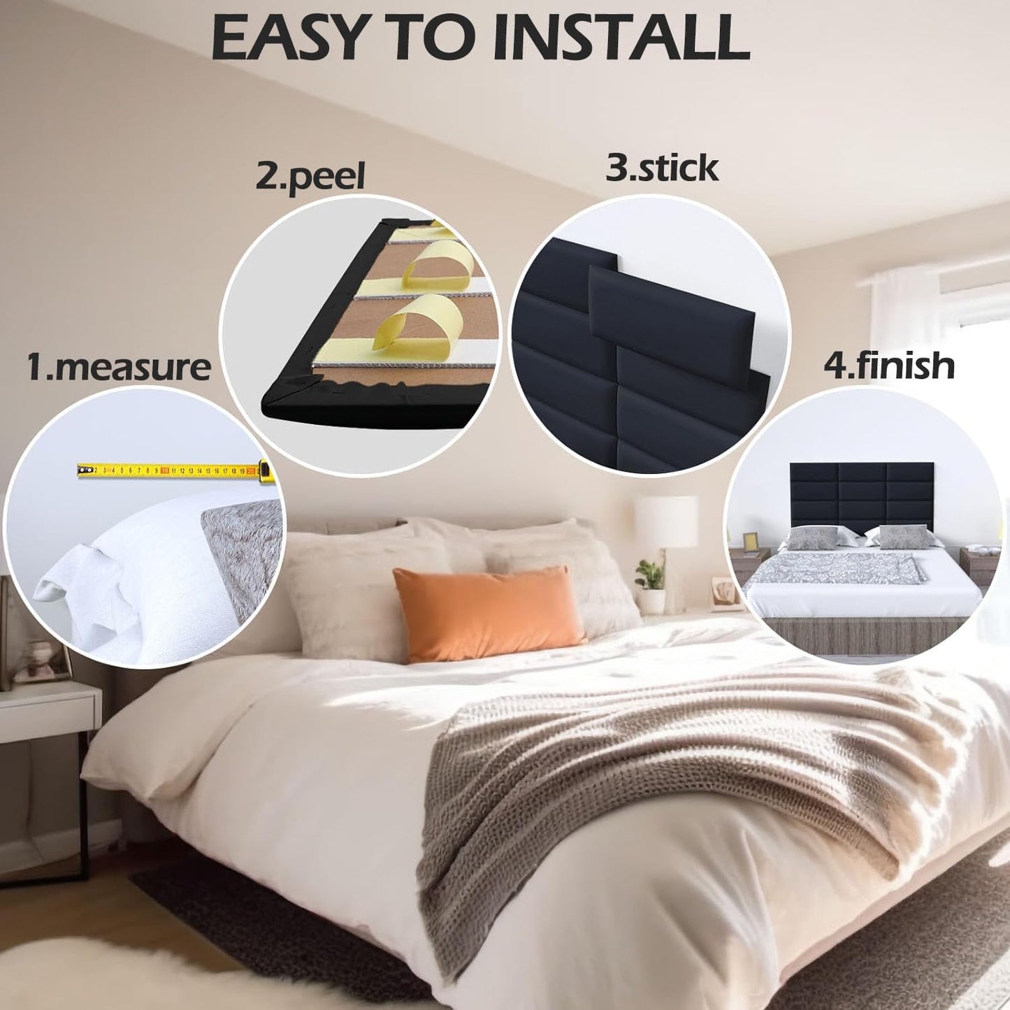 Elvone Peel and Stick Padded Wall Panels for Kids, 3D Anti-Collision Wall Mounted Bed headboard for Full, Black, 6PCS