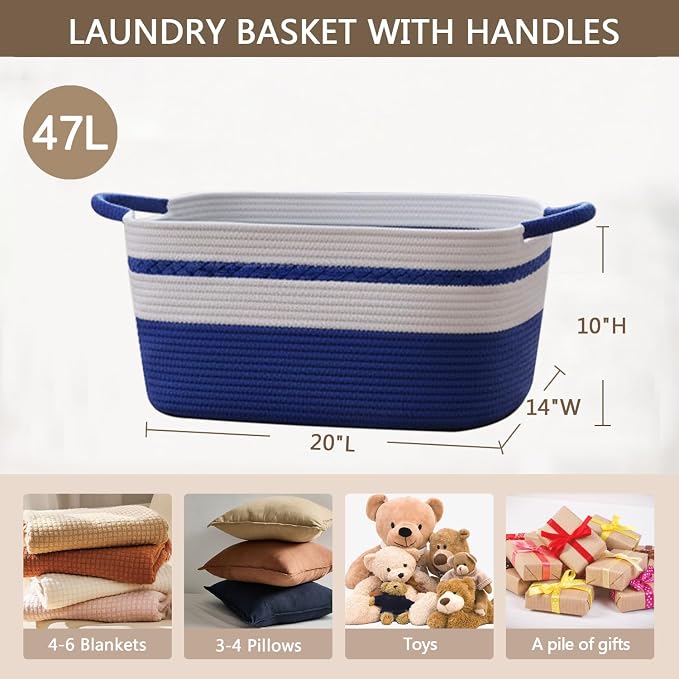 Decorative laundry basket with handles woven from natural cotton rope storage blankets for living room cute boho quilted gift baskets for clothes pillows toys 20"x14"x10",white/blue