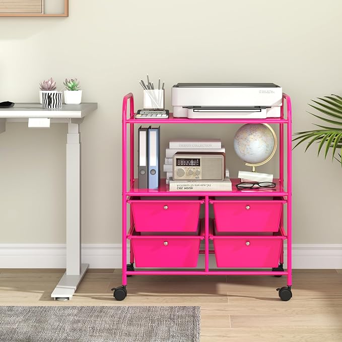 Giantex Rolling Storage Cart w/ 4 Drawers 2 Shelves Metal Rack Shelf Home Office School Beauty Salon Utility Organizer Cart with Wheels, Hot Pink
