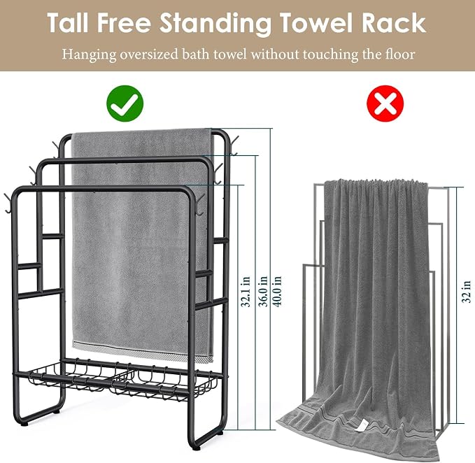 Kayfia 40" H Towel Rack Freestanding, 3-Tier Bath Towel Holder Stand with Storage Baskets & Hooks, Blanket Drying and Display Rack for Oversized Bath Towels, Metal Towel Rack Stand Indoor Outdoor
