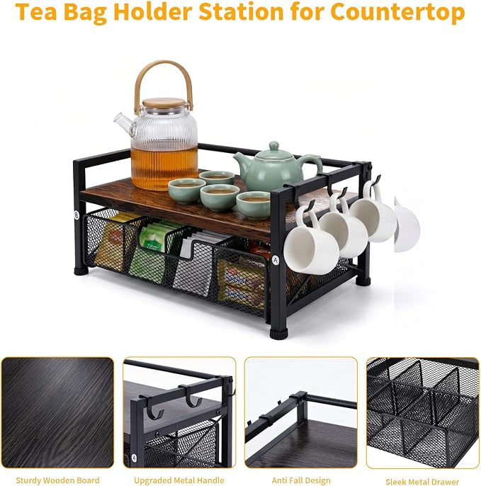 Tea Bag Organizer, Teabag Holder with Storage Drawer, Wood Tea Organizers and Storage Chest, Tea Station Chest Display Container Box for Countertop Kitchen (Rustic Brown)