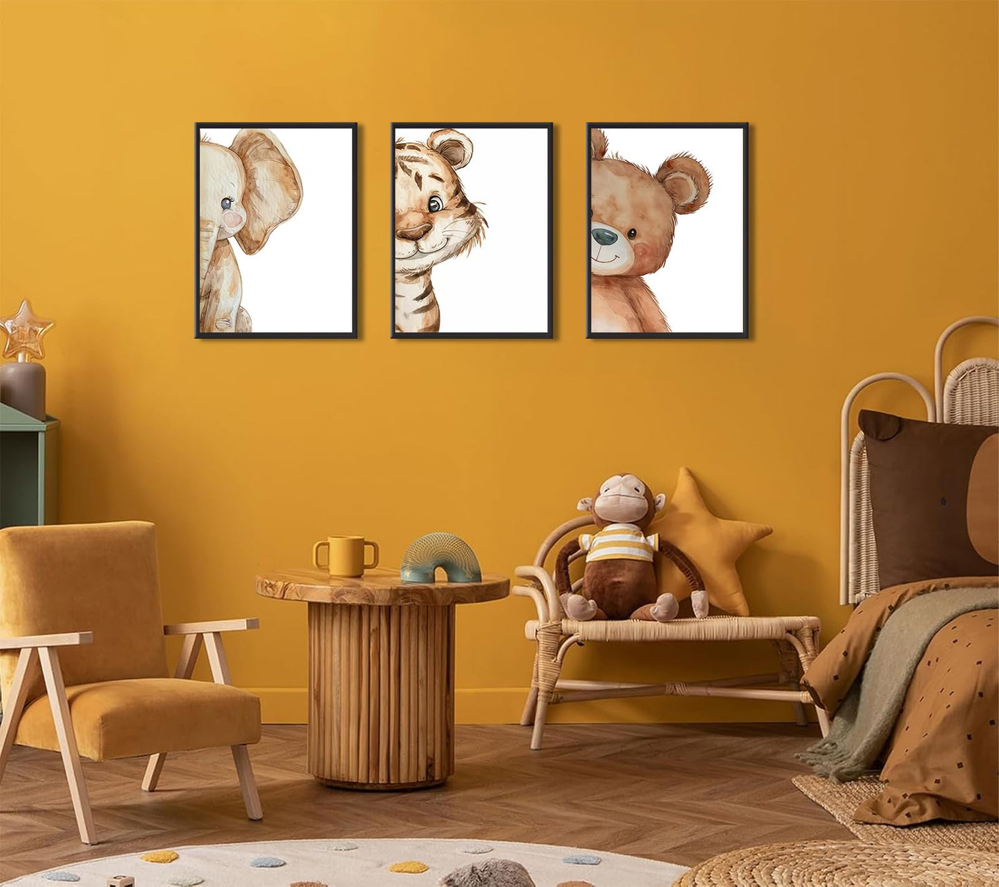 Devunaty 3pcs Funny Safari Animals Nursery Canvas Wall Art Baby Animals Poster Print Wall Decor Cute Bear Tiger Elephant Paintings Picture for Kids Baby Room Boys Girls Bedroom Decor 12X16in Unframed