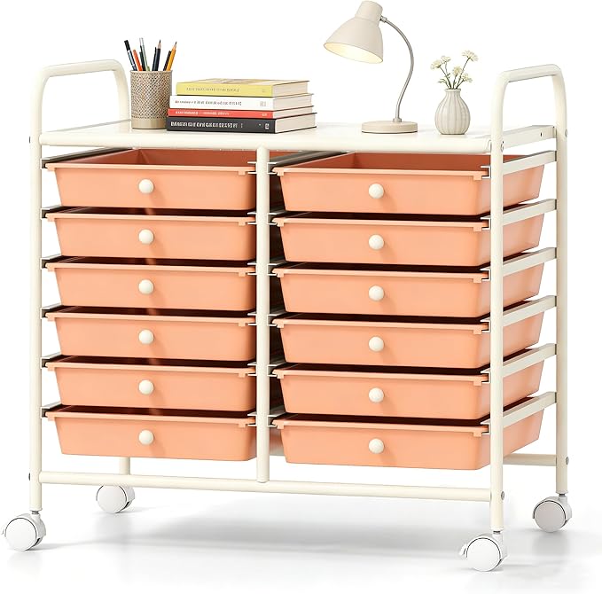 COSTWAY 12-Drawer Rolling Storage Cart, Utility Storage Organizer Cart for Tools, Scrapbook, Paper, Craft, Multipurpose Art Supply Organizer on Wheels for Home Office School, Teacher, Peach