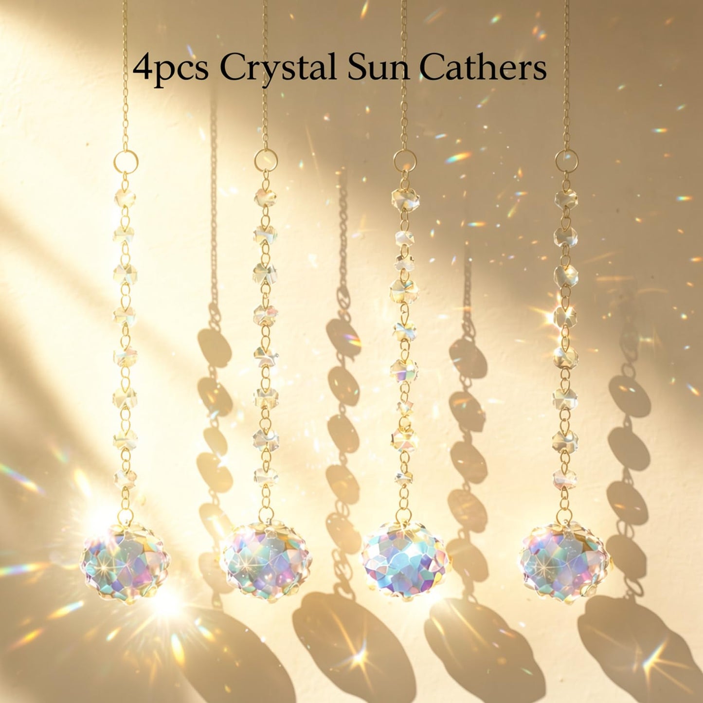 4Pcs Sun Catcher Crystals for Window Hanging, Crystals Prism Rainbow Maker for Windows Indoor Outdoor Car Mirror Garden Decor Wedding Party Xmas Gift