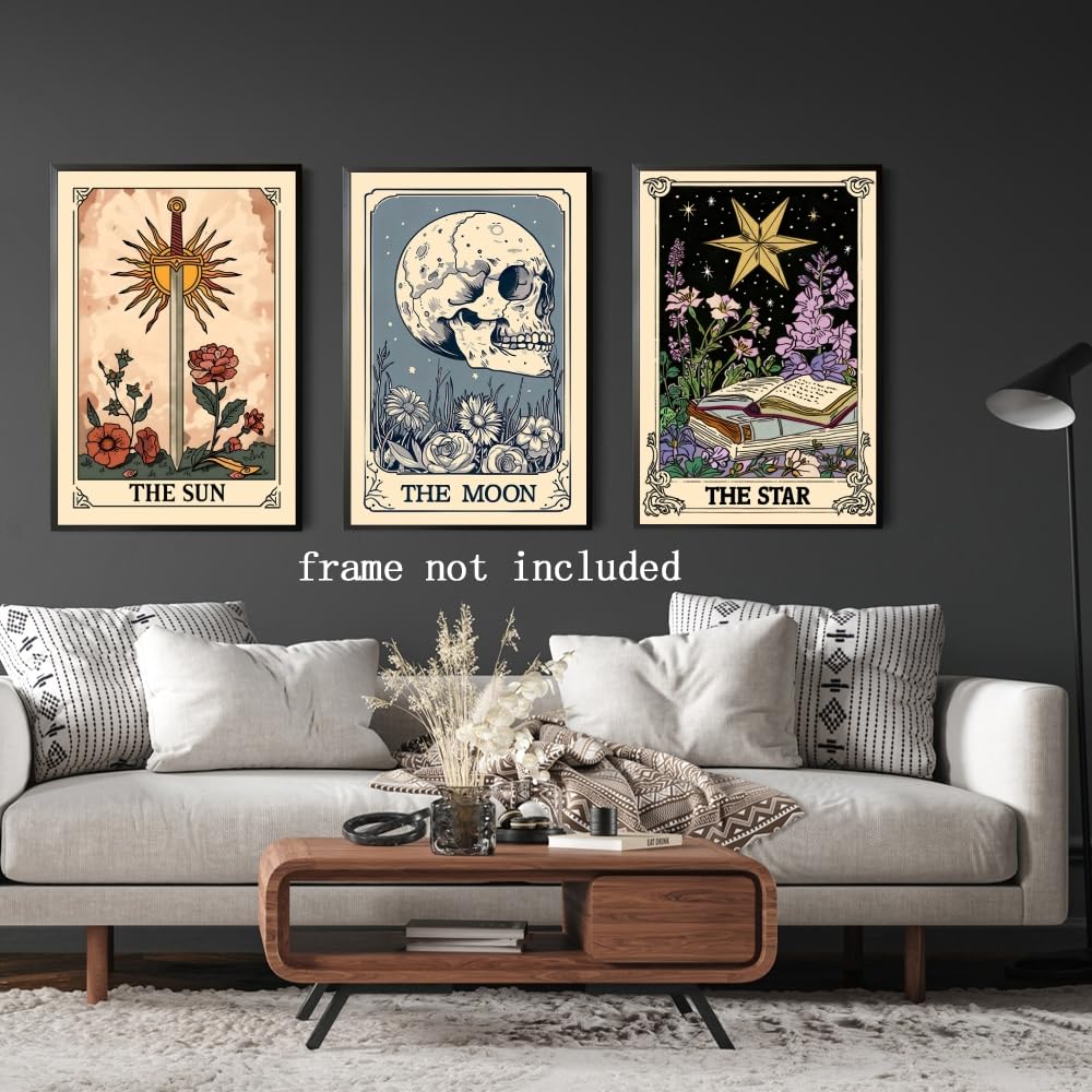 Set of 3 The Sun Moon Star Wall Art Mystical Tarot Card Print Earthy Boho Celestial Pictures Decor Astrology Posters Spiritual Witchy Room Aesthetic Painting for Bedroom 8x12inch Unframed
