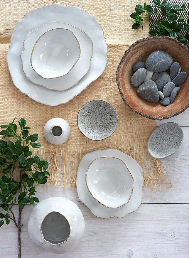 Serene Spaces Living Set of 2 Medium Free-Form Edge Glazed Ceramic Plate- Dinnerware for Vintage Weddings, Events, Measures 9" Long, 8" Wide and 1" Tall