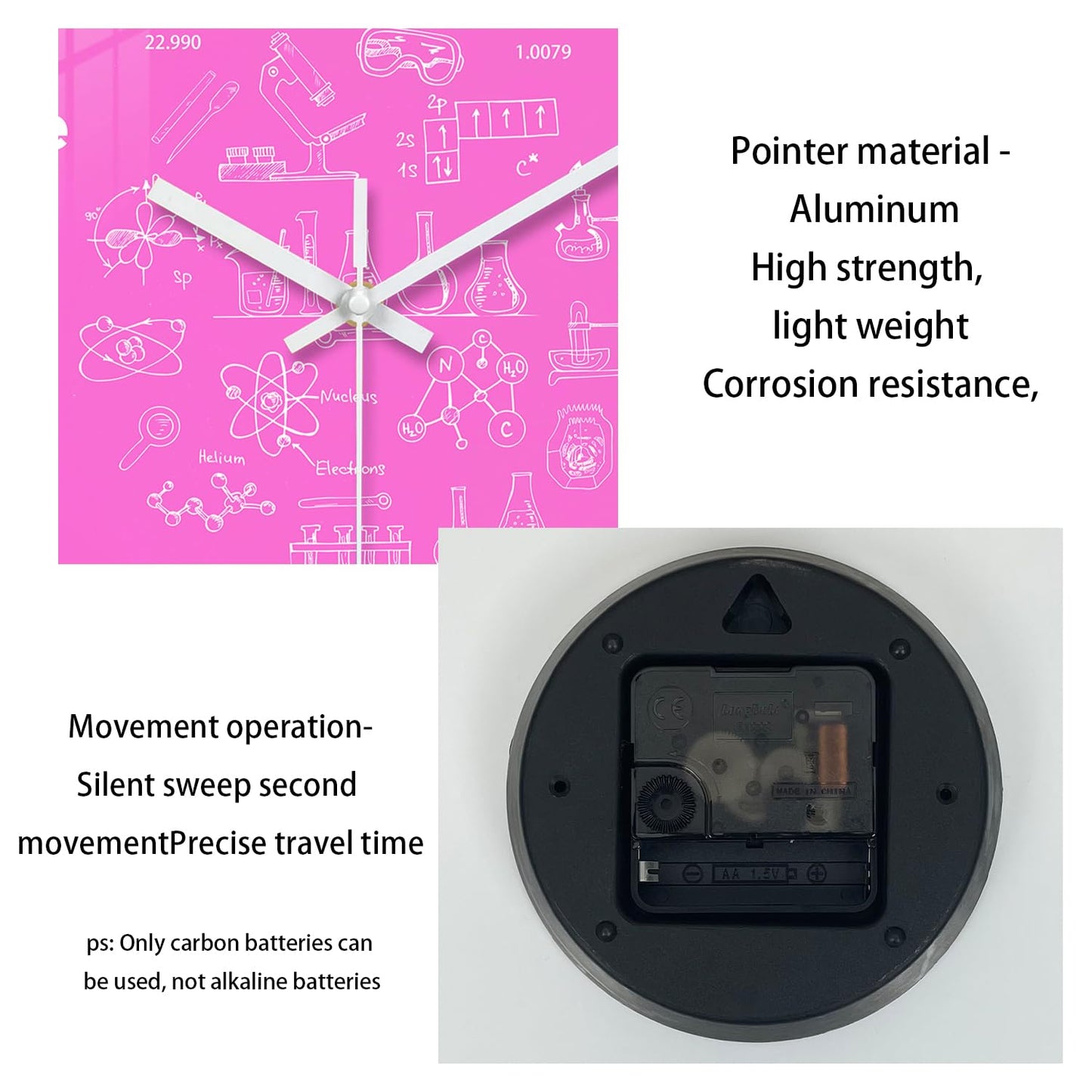 XNM Pink Chemical Clock for Girls Bedroom Wall Clocks Battery Operated Round Glass Analog Science 12 Inch Silent Wall Clock