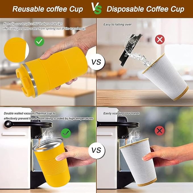 YINBAOGE Insulated Travel Coffee Mug, Spill & Leak Proof, Portable To Go Camping Stainless Steel Coffee Tumbler, Reusable Thermal Coffee Cup with Lid for Hot & Cold Drinks (Yellow, 17 OZ)