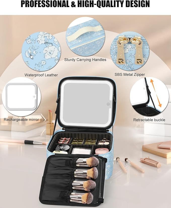 Relavel Travel Makeup Bag With LED Mirror for Women, Cosmetic Organizer Bag with Adjustable Brightness in 3 Color Scenarios, Detachable Dividers, Waterproof Train Case for Daily - White Flower