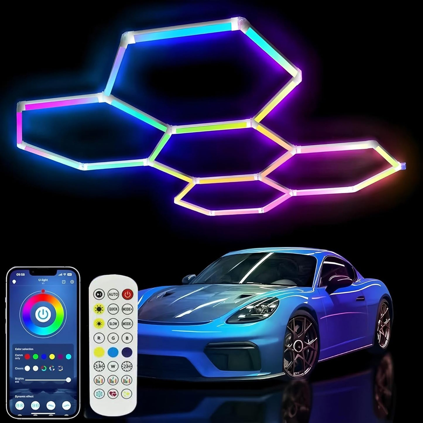 ZTANHOUSE 25Pack RGB Hexagon led Garage Lights,5 Hexagon Light with Multi Color,Dimmable&Speed Adjustable RGB Hex Wall Lights,DIY Design for Remote Control & Smart App Control Music Modes