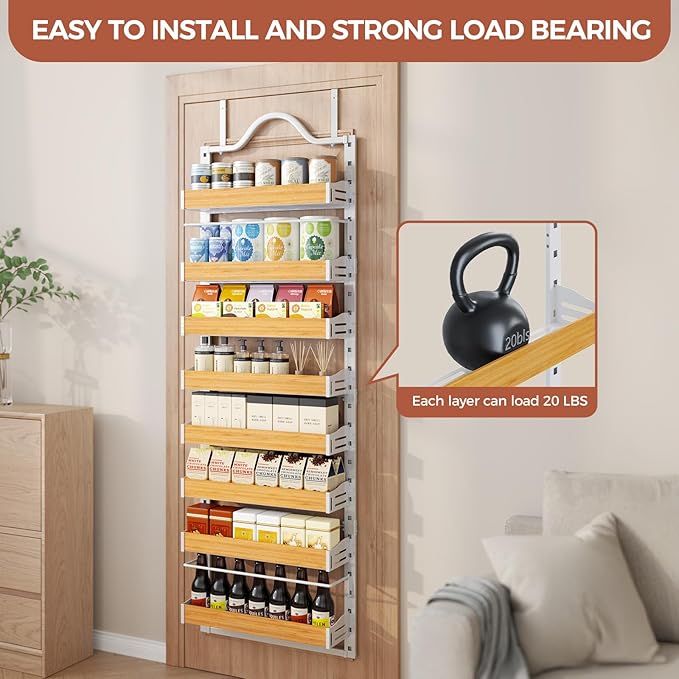 8-Tier Pantry Door Organizer, Over the Door Pantry Organizer with Wooden Adjustable Baskets, 2 IN 1 Spice Rack Wall Mount or Door Organizer, Door Spice Rack for Pantry（72.6×17.1×5.1in,White)