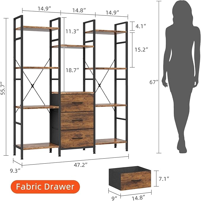 AFLUI Triple Bookshelf with 3 Fabric Drawers, 4-Tier Book Shelf and 10 Display Shelves, Industrial Large Bookcase for Home & Office, Rustic Brown, 47'' Wide
