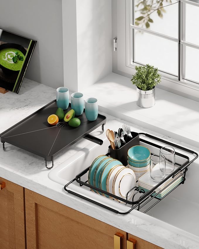 Sakugi Dish Drying Rack in Sink - Expandable Stainless Steel Dish Rack Over The Sink, Kitchen Sink Drain Strainer with Cutlery Holder & Cup Holders, 15.2 x 10.0 x 4.2 Inch, Black