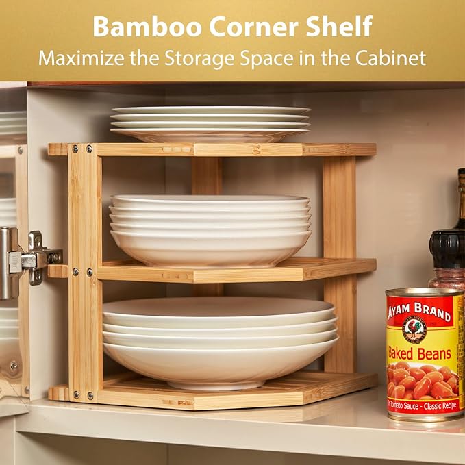 Umilife Plate Organizer for Cabinet, Bamboo Corner Shelf, Dish & Bread Organizer, Spice Rack, Kitchen Bathroom Countertop Storage Organization Space Saver