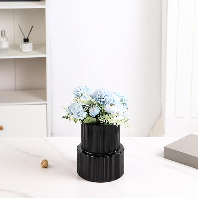 Ribbed Glass Vase, Flower Vase, Fluted Black Vases for Flowers, Modern Vases for Living Room, Dining Table, Entryway, Shelf, Wedding, Office, Coffee Table, Birthday, 7.5 Inches