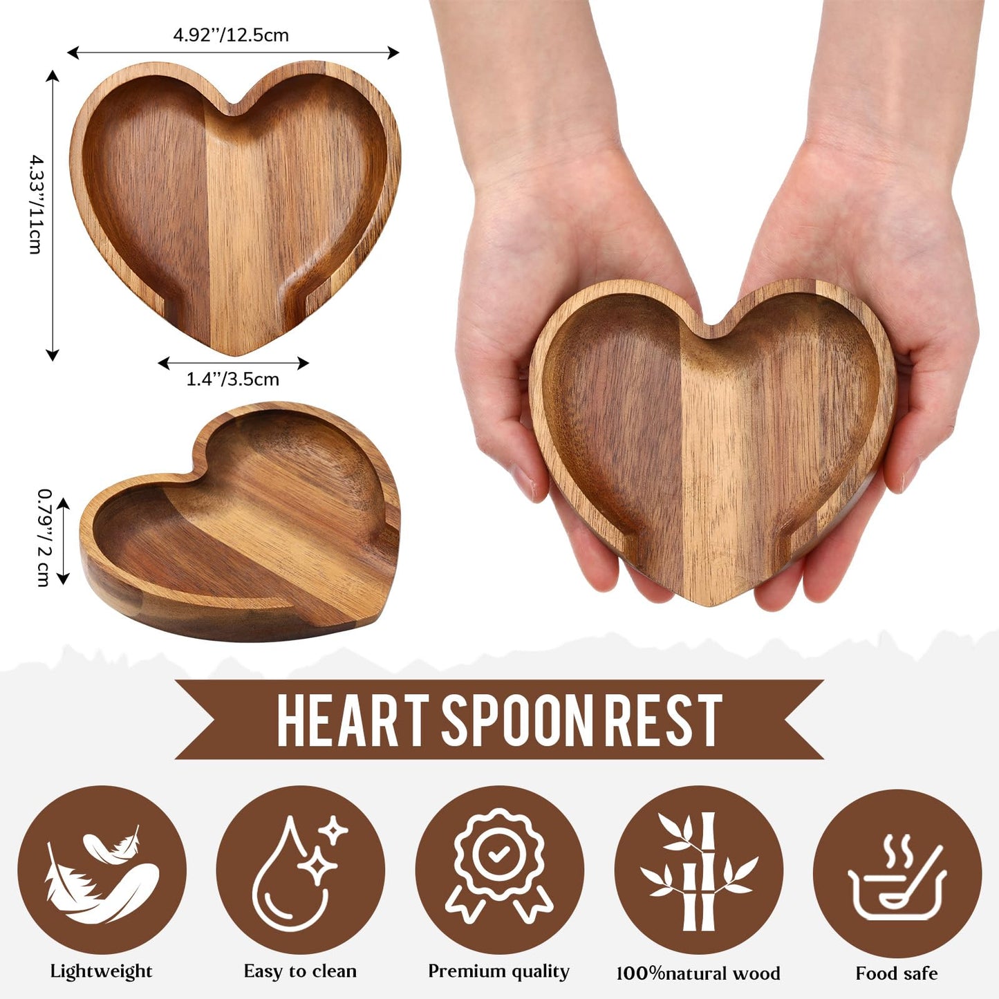 Baderke 1 Pcs 4.9 Inch Heart Shaped Spoon Rest Acacia Wooden Spoon Rest Holder for Kitchen Counter Stove Top Utensils Gifts Women Mom Mother's Day