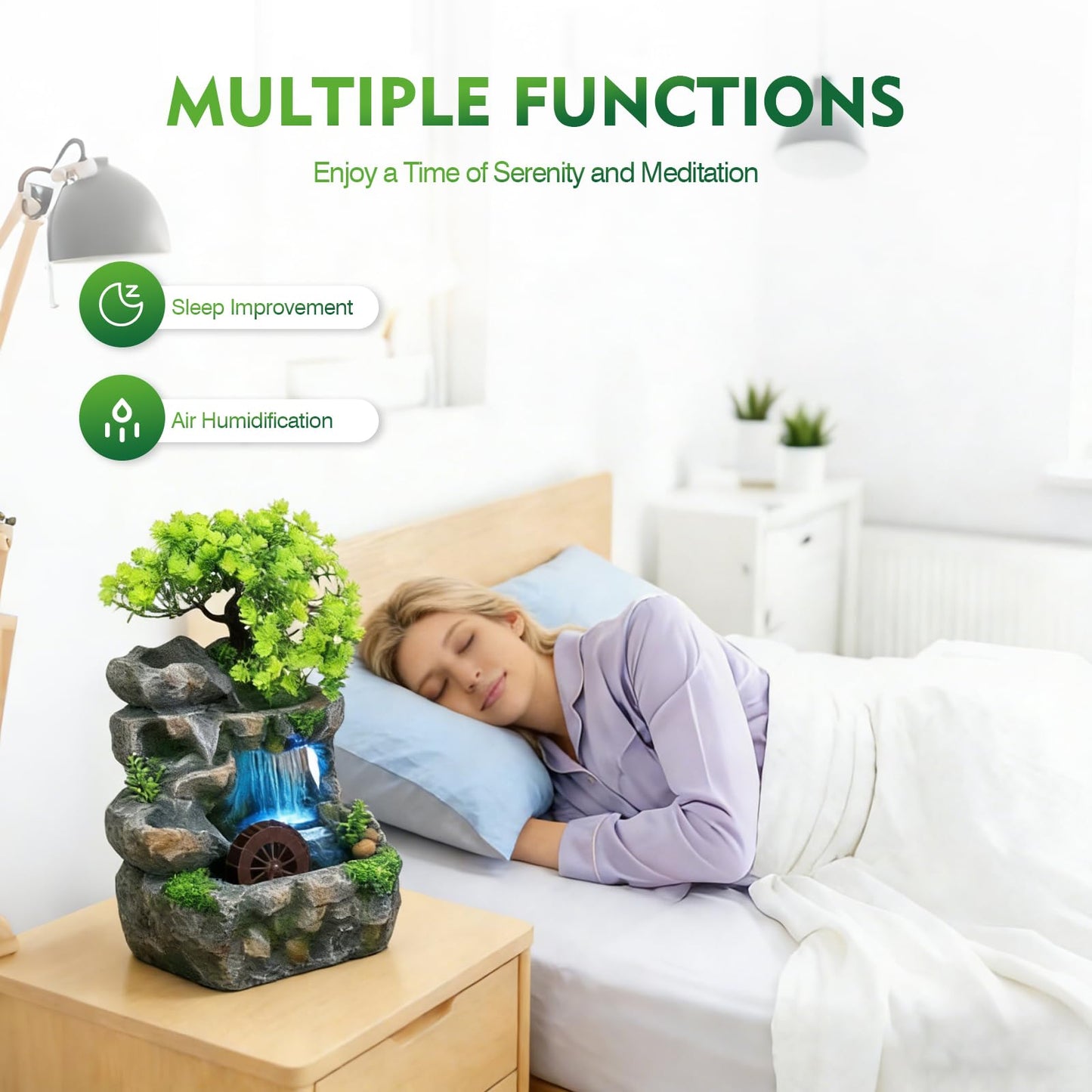 Tabletop Waterfall Fountain with Flowing Water & LED Lights – Indoor Resin Rockery Desk Fountain for Home, Office, Bedroom Relaxation & Decoration, Mini Desktop Water Featur