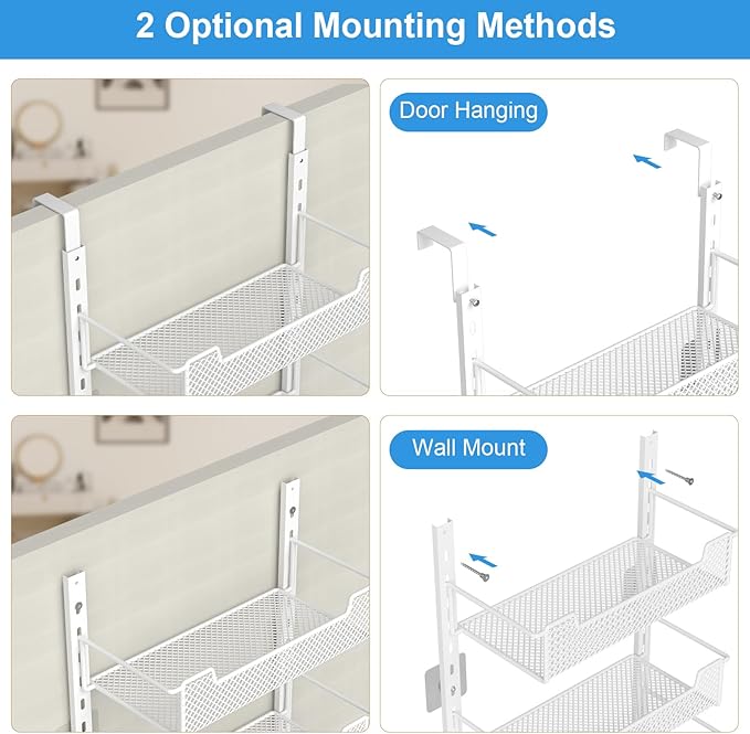 VyGrow 12.3" W Narrow Over the Door Pantry Organizer, 6-Tier Over the Door Organizer with Adjustable Basket, Pantry Door Organization for Pantry Kitchen Storage Room Spice Rack, White